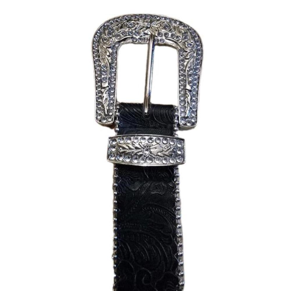 Women's Black Studded Rhinestone Western Belt Size Large Buckle Rodeo Bling